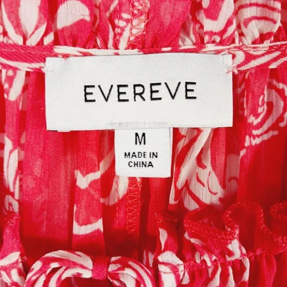 Evereve, M Red and White Print Blouse, Long Sleeve, Tie V Neck Small Ruffle Trim - Picture 2 of 16